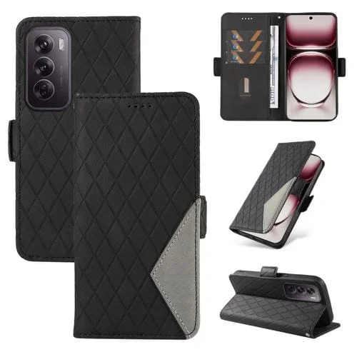 Para Oppo Reno12 Pro 5G Funda de Teléfono de Cuero con Entramado Rómbico Global de Dos Colores (Negro)
