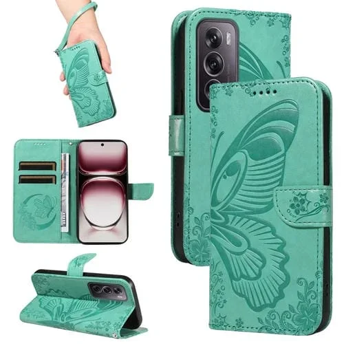 Para Oppo Reno12 Pro 5G Global Swallowtail Butterfly Funda de Cuero En Relieve para Teléfono (Verde)