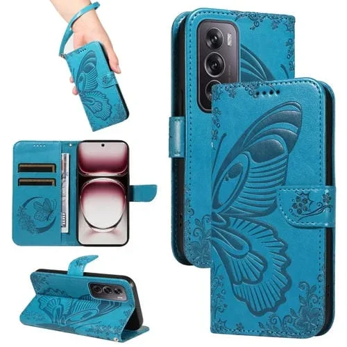 Para Oppo Reno12 Pro 5G Global Swallowtail Butterfly Funda de Teléfono de Cuero En Relieve (Azul)