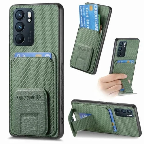 Para Oppo Reno6 5G Funda para Teléfono con Soporte Plegable y Bolsa para Tarjetas de Fibra de Carbono (Verde)