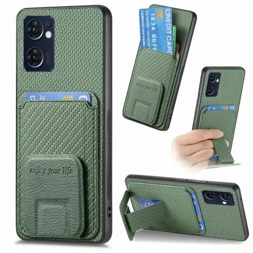 Para Oppo Reno7 5G Funda para Teléfono con Soporte Plegable y Bolsa para Tarjetas de Fibra de Carbono (Verde)