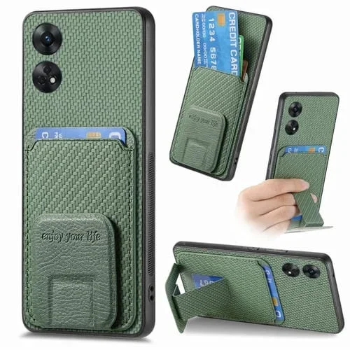 Para Oppo Reno8 T 4G Funda para Teléfono con Soporte Plegable y Bolsa para Tarjetas de Fibra de Carbono (Verde)