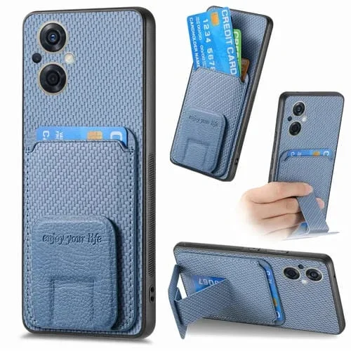 Para Oppo Reno8 Z Funda para Teléfono con Soporte Plegable y Bolsa para Tarjetas de Fibra de Carbono (Azul)