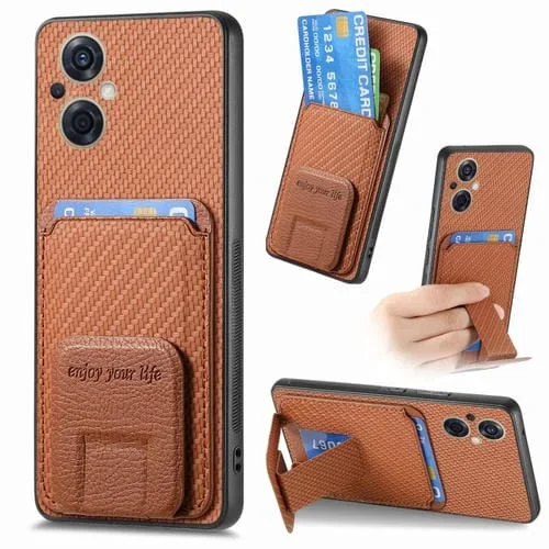 Para Oppo Reno8 Z Funda para Teléfono con Soporte Plegable y Bolsa para Tarjetas de Fibra de Carbono (Marrón)