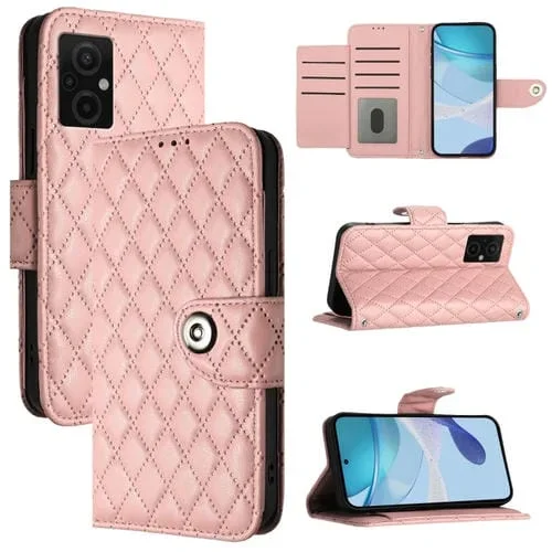 Para Redmi 10 Prime + 5G India Funda para Teléfono con Tapa de Cuero con Textura Rómbica y Cordón (Rosa Coral)