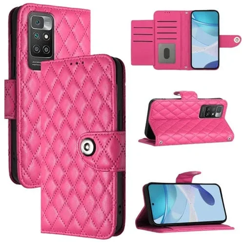 Para Redmi 10 / Redmi 10 2022 Funda para Teléfono de Cuero con Tapa con Textura Rómbica y Cordón (Rojo Rosa)
