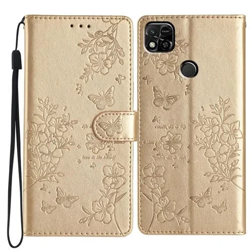 Para Redmi 10A Funda de Cuero para Teléfono con Mariposas y Flores (Dorado)