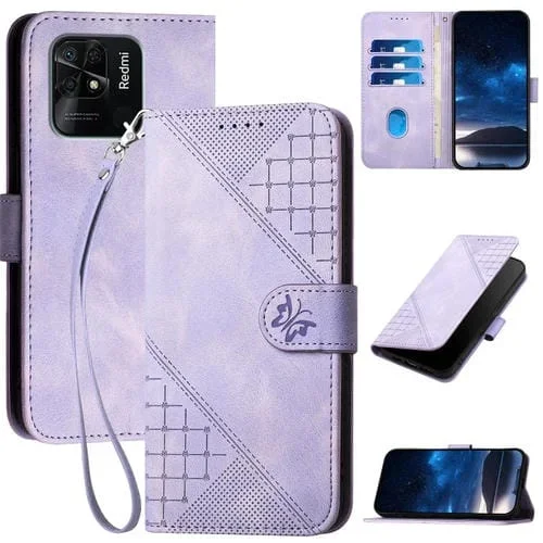 Para Redmi 10C Yx0080 Grid Butterfly Patrón En Relieve Funda de Cuero con Tapa para Teléfono con Cordón (Púrpura Claro)