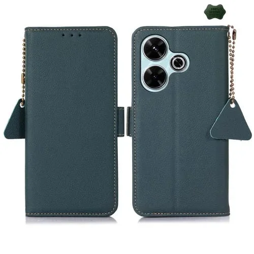 Para Redmi 13 4G Funda para Teléfono Rfid de Cuero Genuino Tj Lateral Magnética (Verde)