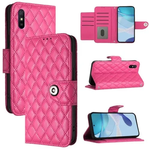 Para Redmi 9A / 9I / 9At Funda para Teléfono con Tapa de Cuero con Textura Rómbica y Cordón (Rojo Rosa)