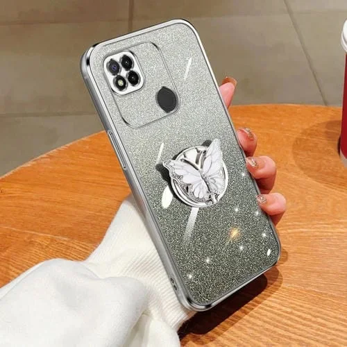 Para Redmi 9C / 10A Funda para Teléfono de TPU con Soporte de Mariposa con Brillo Degradado Plateado (Plata)