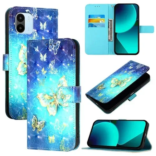 Para Redmi A1 4G Global / Redmi A2 4G Funda para Teléfono de Cuero con Tapa Horizontal con Pintura 3D (Mariposa Dorada)