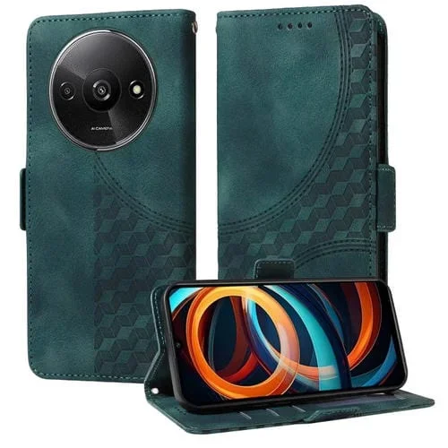 Para Redmi A3 4G Funda de Teléfono de Cuero Estrellado con Rombo En Relieve Global (Verde)
