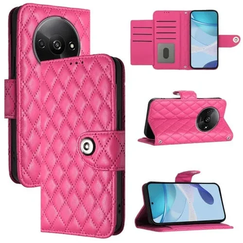Para Redmi A3 Funda para Teléfono de Cuero con Tapa con Textura Rómbica y Cordón (Rojo Rosa)