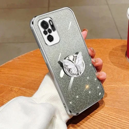 Para Redmi Note 10 4G Funda para Teléfono de TPU con Soporte de Mariposa con Brillo Degradado Plateado (Plata)
