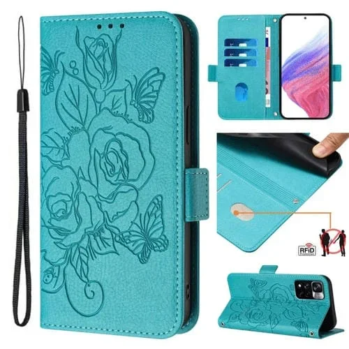 Para Redmi Note 11 Pro 5G / 4G / Global Embossed Rose Rfid Funda de Cuero Antirrobo para Teléfono (Azul Claro)