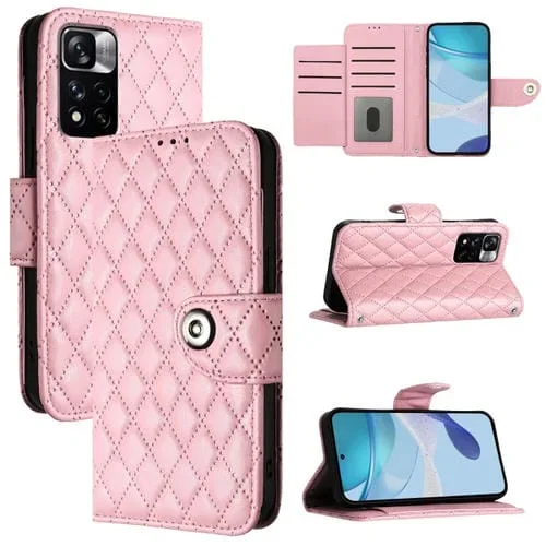 Para Redmi Note 11 Pro + 5G Eu Funda de Cuero con Tapa con Textura Rómbica y Cordón (Rosa)