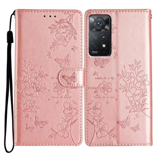 Para Redmi Note 11 Pro 5G Funda de Cuero para Teléfono con Mariposas y Flores Globales (Oro Rosa)
