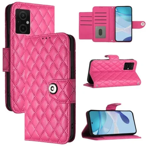 Para Redmi Note 11R / Note 11E Funda para Teléfono de Cuero con Tapa con Textura Rómbica y Cordón (Rojo Rosa)
