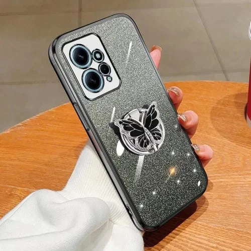 Para Redmi Note 12 4G Funda para Teléfono de TPU con Soporte de Mariposa con Brillo Degradado Global Plateado (Negro)