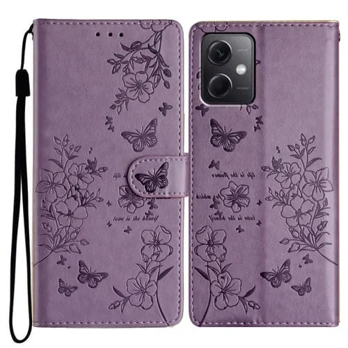 Para Redmi Note 12 5G Funda de Cuero para Teléfono con Mariposas y Flores Globales (Púrpura)