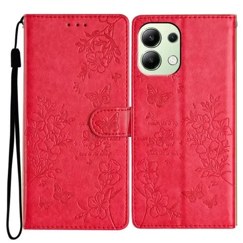 Para Redmi Note 13 4G Funda de Cuero para Teléfono con Mariposas y Flores (Rojo)
