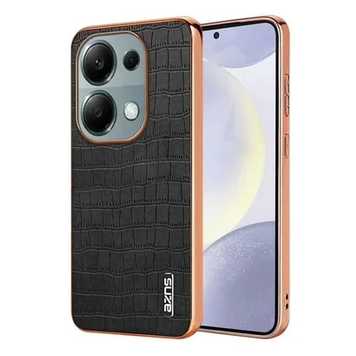 Para Redmi Note 13 Pro 4G Azns Estuche para Teléfono con Textura de Cocodrilo y Marco Galvanizado (Negro)