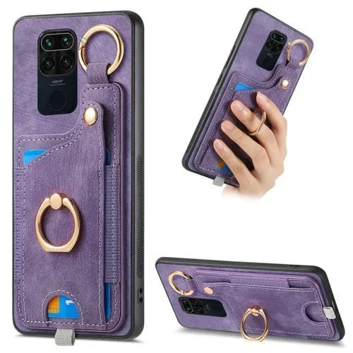 Para Redmi Note 9 Funda para Teléfono con Bolsa para Tarjeta con Anillo y Sensación de Piel Retro con Lazo para Colgar (Púrpura)