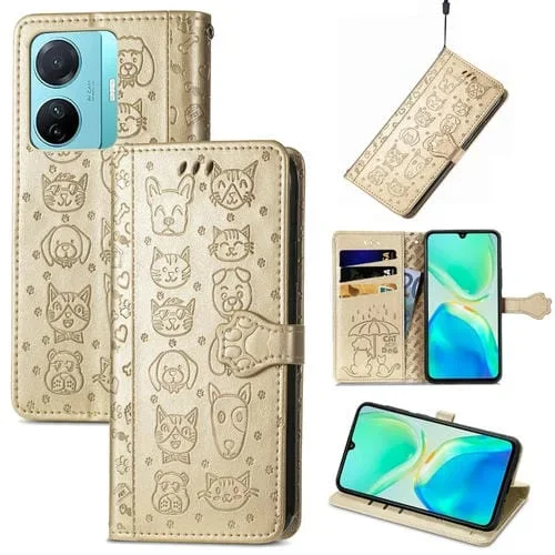 Para Vivo S15E Cat And Dog Funda de Cuero para Teléfono En Relieve (Oro)