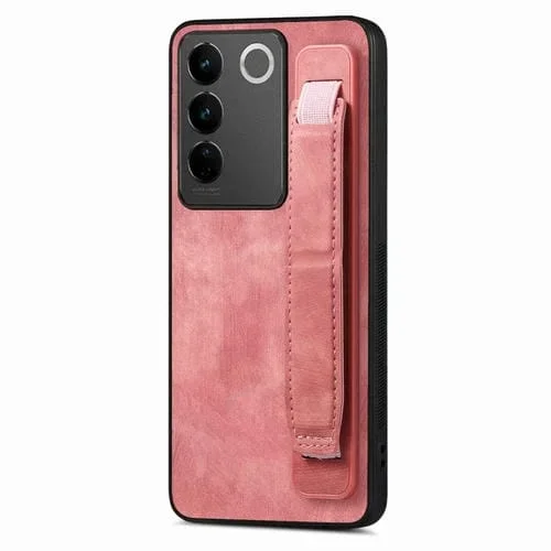 Para Vivo S16 / V27 Funda Trasera de Cuero con Soporte para Pulsera Retro (Rosa)