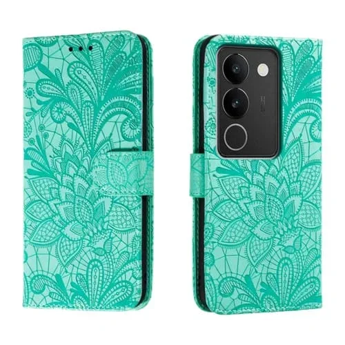 Para Vivo S17 Funda de Cuero con Tapa y Estampado de Flores de Encaje (Verde)