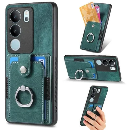 Para Vivo S17 Pro Funda para Teléfono con Billetera y Tarjeta con Anillo con Sensación de Piel Retro (Verde)