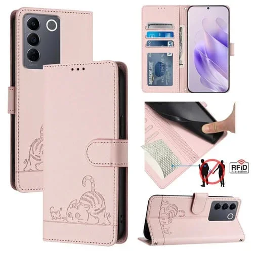 Para Vivo V27 Pro 5G Global Cat Rat Estuche para Teléfono de Cuero Rfid con Patrón En Relieve y Cordón (Rosa)