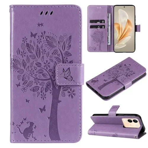 Para Vivo V29E Global / Y200 5G Global Funda para Teléfono de Cuero con Tapa con Patrón En Relieve de Árbol y Gato (Púrpura Claro)