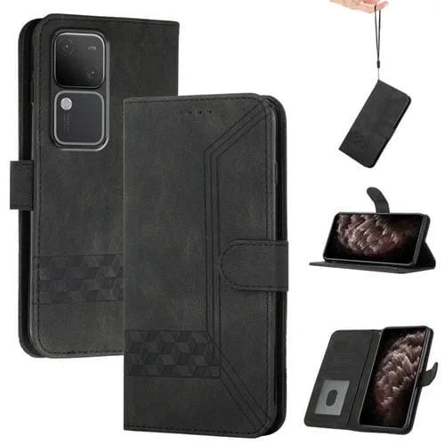 Para Vivo V30 5G Global / V30 Pro 5G Global Cubic Skin Feel Funda de Cuero con Tapa para Teléfono (Negro)