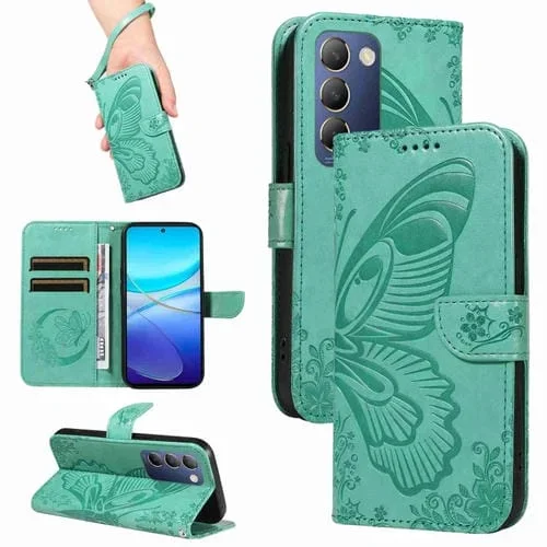 Para Vivo V40 Se 5G / Y100 Idn / Y200E Funda para Teléfono de Cuero con Relieve de Mariposa de Cola de Golondrina (Verde)