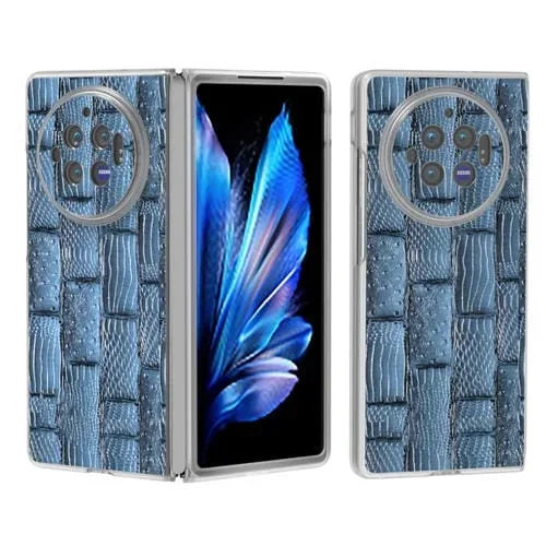 Para Vivo X Fold3 Estuche para Teléfono con Patrón Mahjong de Cuero Genuino con Borde Transparente Esmerilado (Azul)