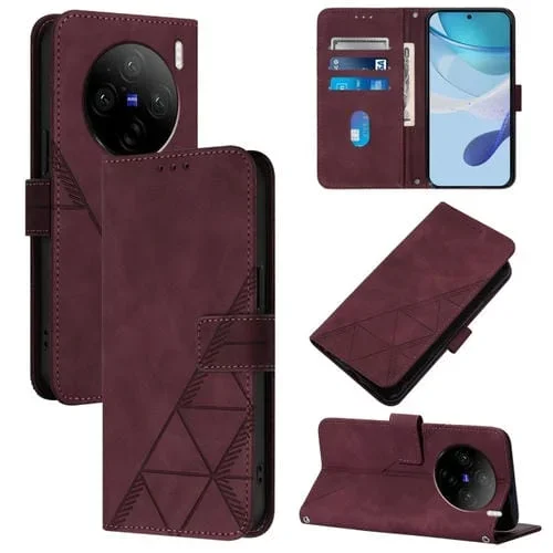 Para Vivo X100S Crossbody Funda para Teléfono de Cuero con Tapa En Relieve 3D (Rojo Vino)