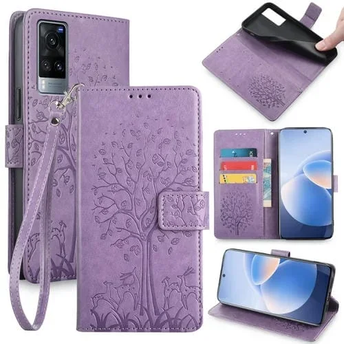Para Vivo X60 Funda para Teléfono de Cuero con Relieve de Árbol y Ciervo (Púrpura)