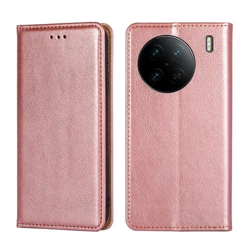 Para Vivo X90 Pro 5G Estuche para Teléfono de Cuero Magnético de Color Sólido con Aceite Brillante (Oro Rosa)