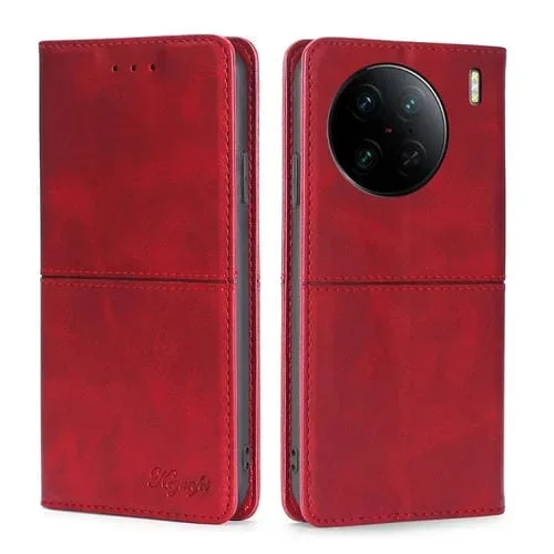 Para Vivo X90 Pro + Funda de Teléfono de Cuero con Tapa Horizontal Magnética con Textura de Vaca (Rojo)