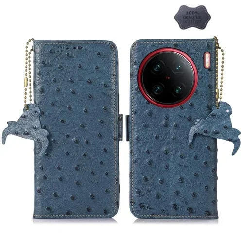 Para Vivo X90 Pro + Patrón de Avestruz Funda de Teléfono Rfid de Cuero Genuino (Azul)