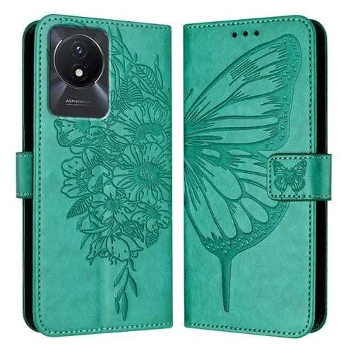 Para Vivo Y02 / Y02A / Y02T / Y11 2023 Funda para Teléfono de Cuero con Mariposa En Relieve (Verde)