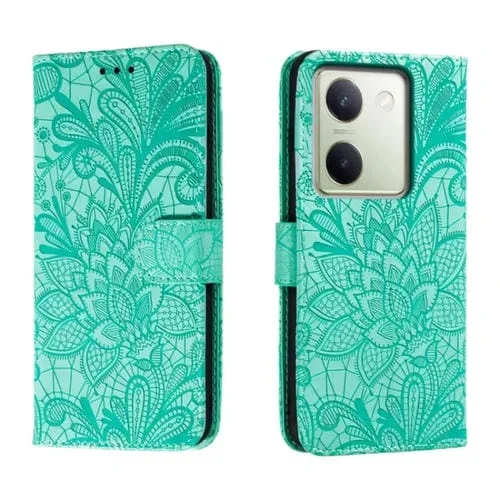 Para Vivo Y100 5G Funda para Teléfono de Cuero con Tapa y Estampado de Flores de Encaje (Verde)