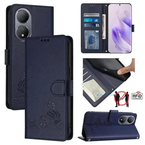 Para Vivo Y100 5G Global Cat Rat Estuche para Teléfono de Cuero Rfid con Patrón En Relieve y Cordón (Azul)