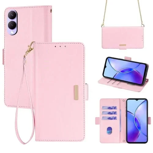 Para Vivo Y17S 4G Funda de Cuero para Teléfono con Cadena Cruzada (Rosa)