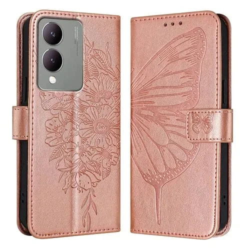 Para Vivo Y17S 4G Global / Y28 5G India Funda para Teléfono de Cuero con Mariposa En Relieve (Oro Rosa)
