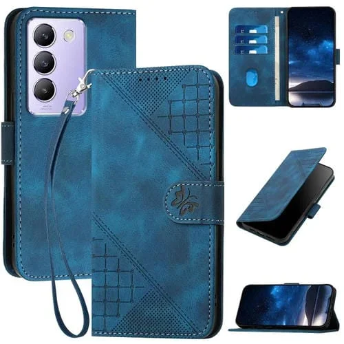 Para Vivo Y200E 5G Global Yx0080 Grid Butterfly Patrón En Relieve Funda de Cuero con Tapa para Teléfono con Cordón (Azul Oscuro)
