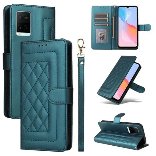 Para Vivo Y21 / Y33S Funda para Teléfono con Tapa de Cuero Diamond Lattice (Verde)