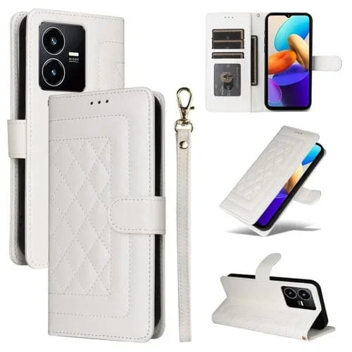Para Vivo Y22S / Y35 Funda para Teléfono con Tapa de Cuero Diamond Lattice (Blanco)